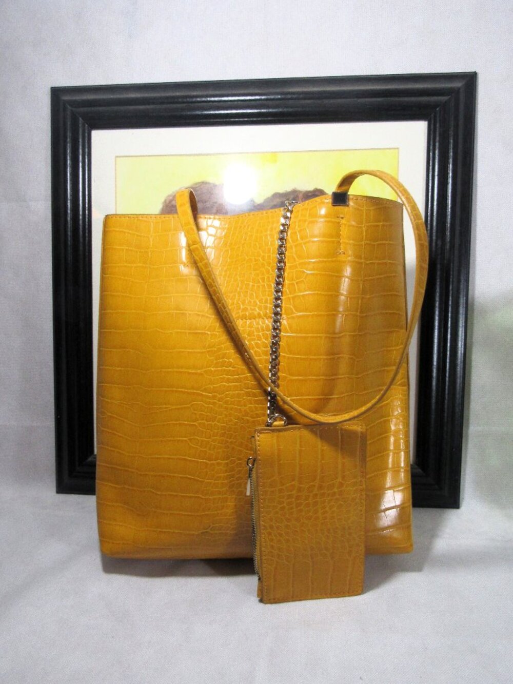 ZARA YELLOW CROC EMBOSSED TOTE + ZIP POUCH WHICH HAS CARD SLOTS 12 X 12
